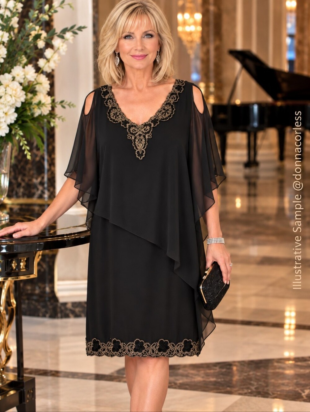J Kara Black Hand Beaded Sheer Asymmetrical Evening Cocktail Dress 6 NWT